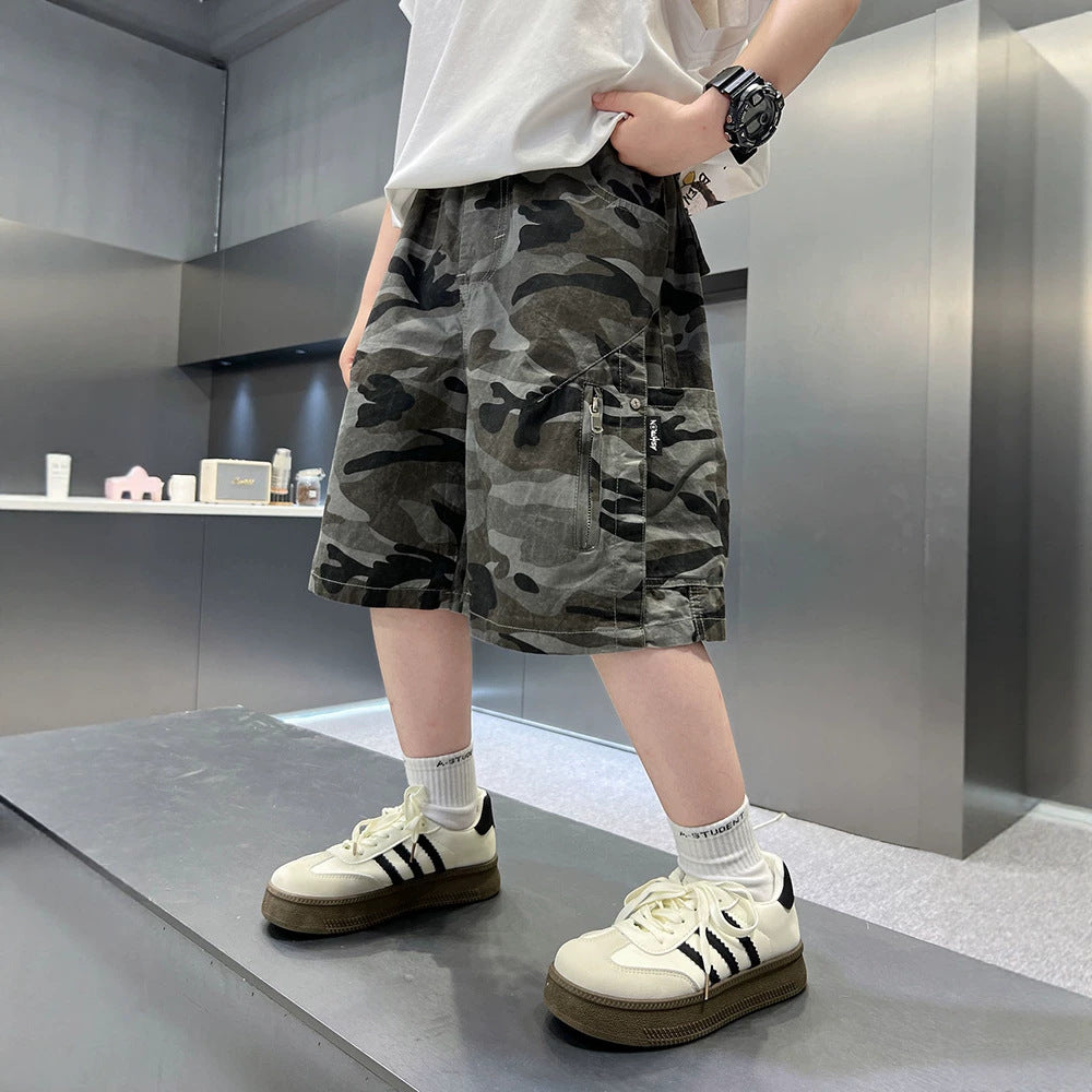 Boy's Camouflage Shorts,  Casual Mid-Length Pants, Lightweight, Trendy for Older Kids