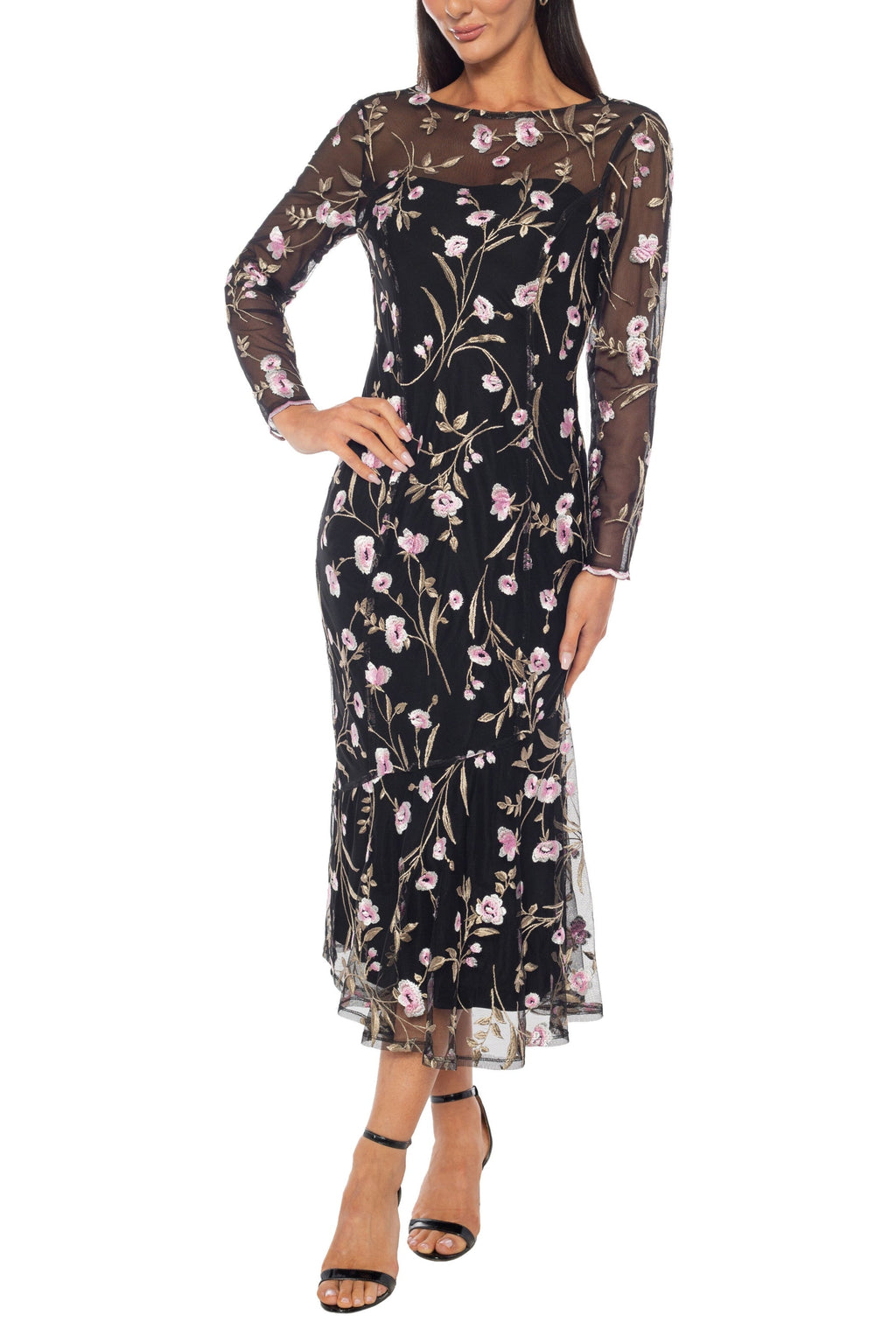 Floral Embroidered Round Illusion Neckline Mesh Midi Dres Marina 269332