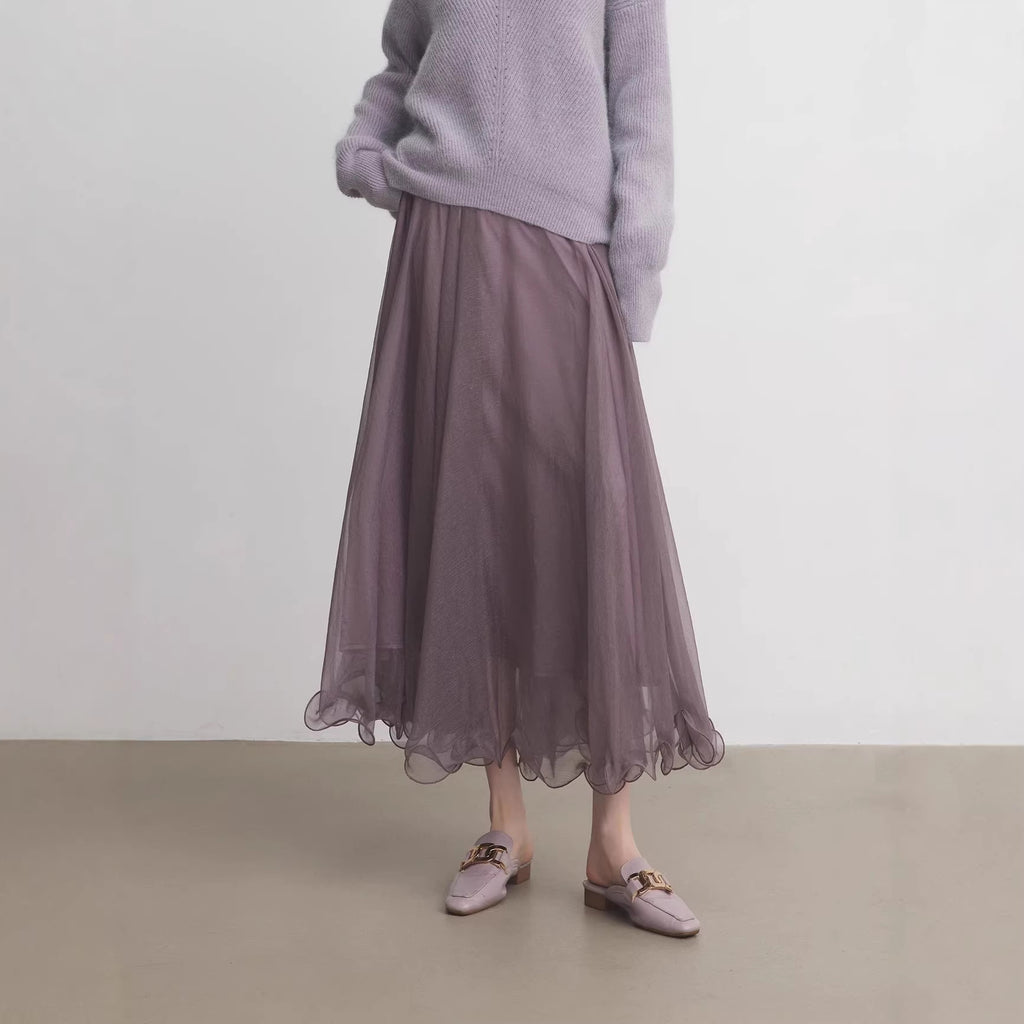 Shimmer Purple Mesh Skirt Women Early Long Skirt Half Skirt