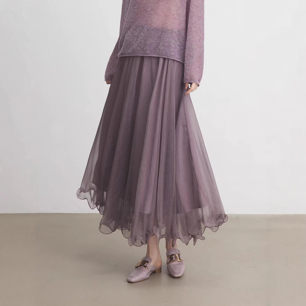 Shimmer Purple Mesh Skirt Women Early Long Skirt Half Skirt