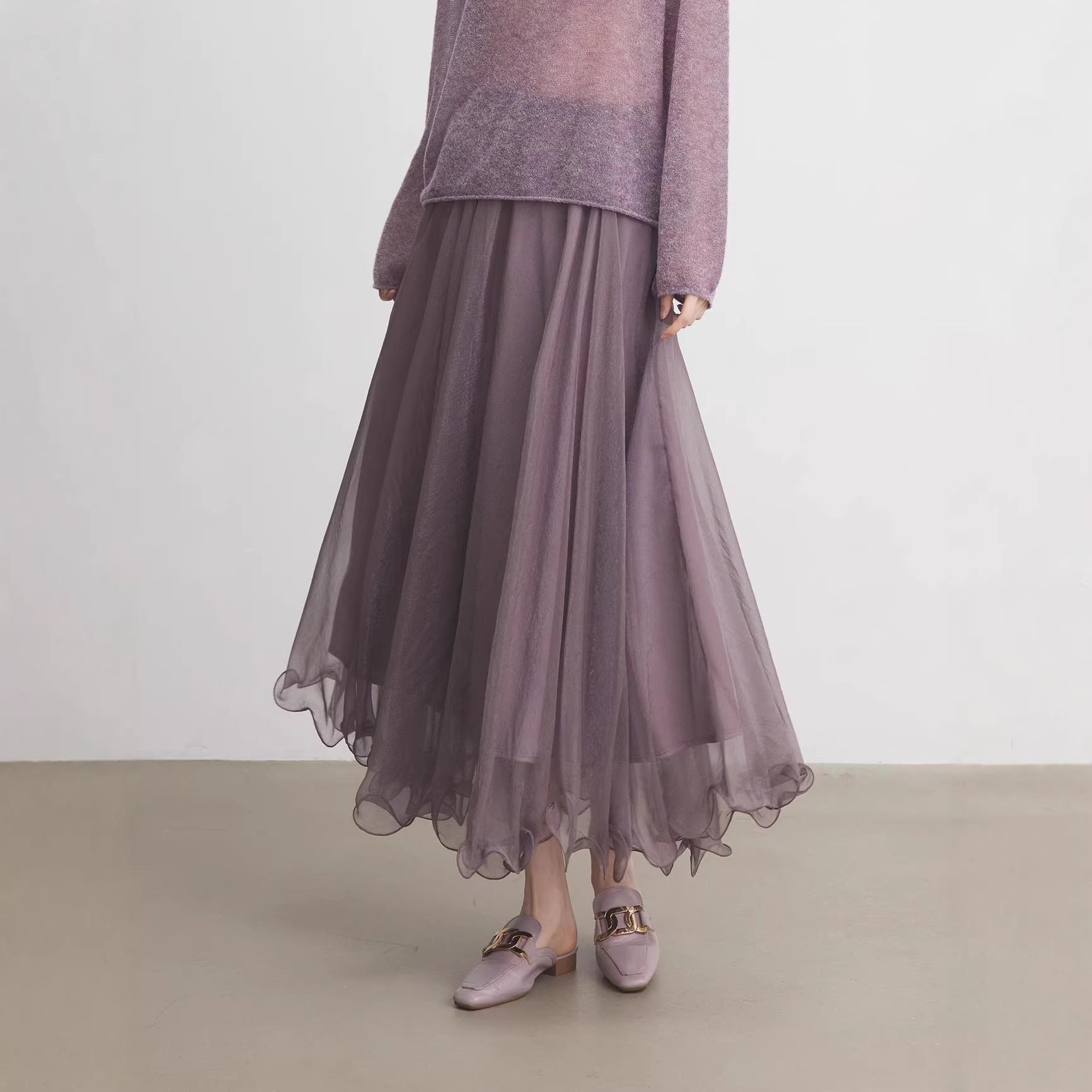 Shimmer Purple Mesh Skirt Women Early Long Skirt Half Skirt