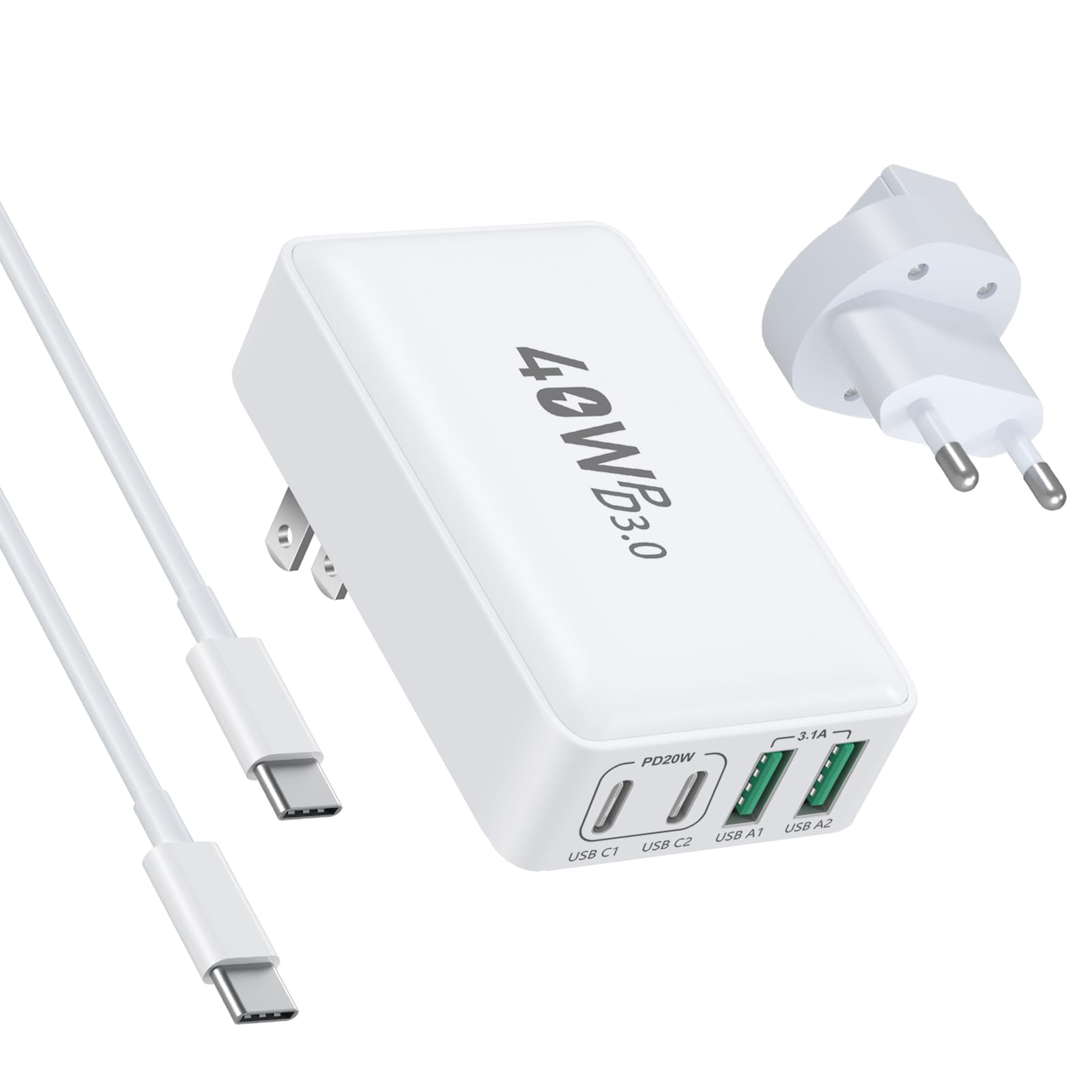 Flat USB C Wall Charger 40W Foldable&Slim Fast USB C Charger Block with 6FT USB C Cable4-Port PD Power Adapter+QC Wall Plug Multiport Type C Charging Cube for iPhone 15 14 13 12 11 Pro MaxSamsung
