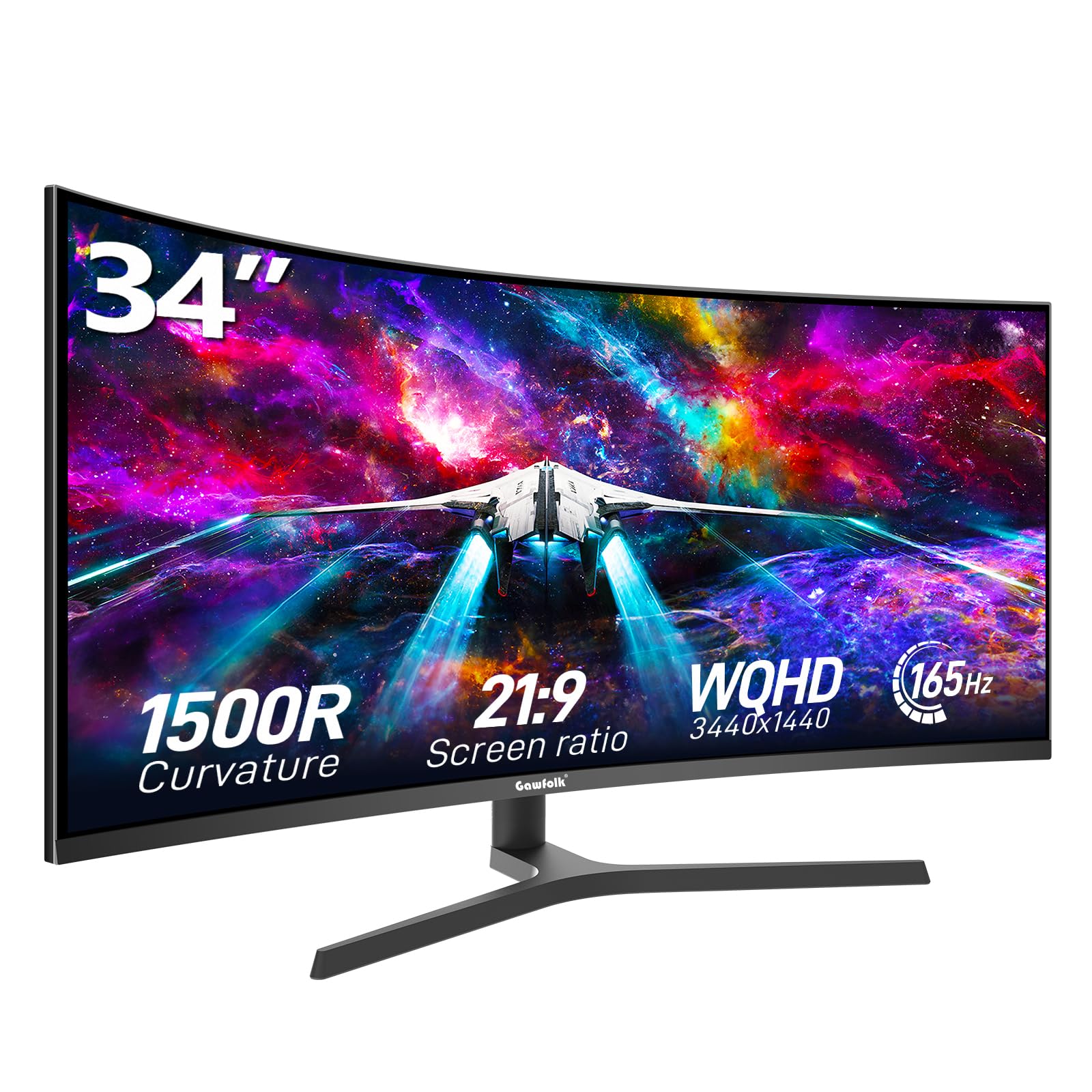 Gawfolk 34 Inch Ultrawide Curved Gaming Monitor 1500R PC Screen 165hz UWQHD 3440x1440 Curved Computer Screen with FreeSyncMulti-Directional Adjustable Base