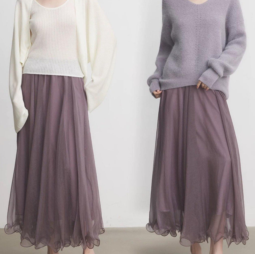 Shimmer Purple Mesh Skirt Women Early Long Skirt Half Skirt