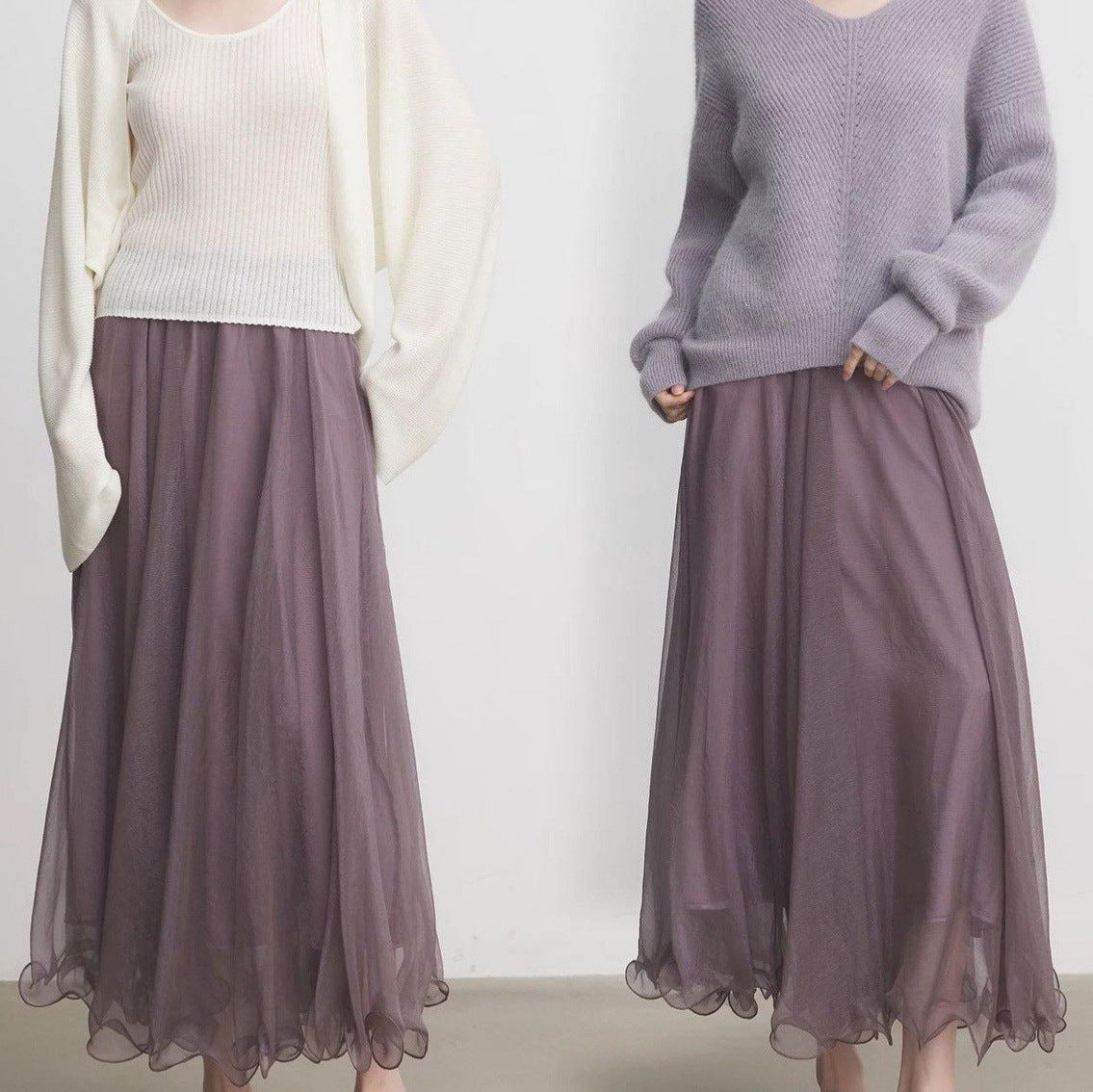 Shimmer Purple Mesh Skirt Women Early Long Skirt Half Skirt
