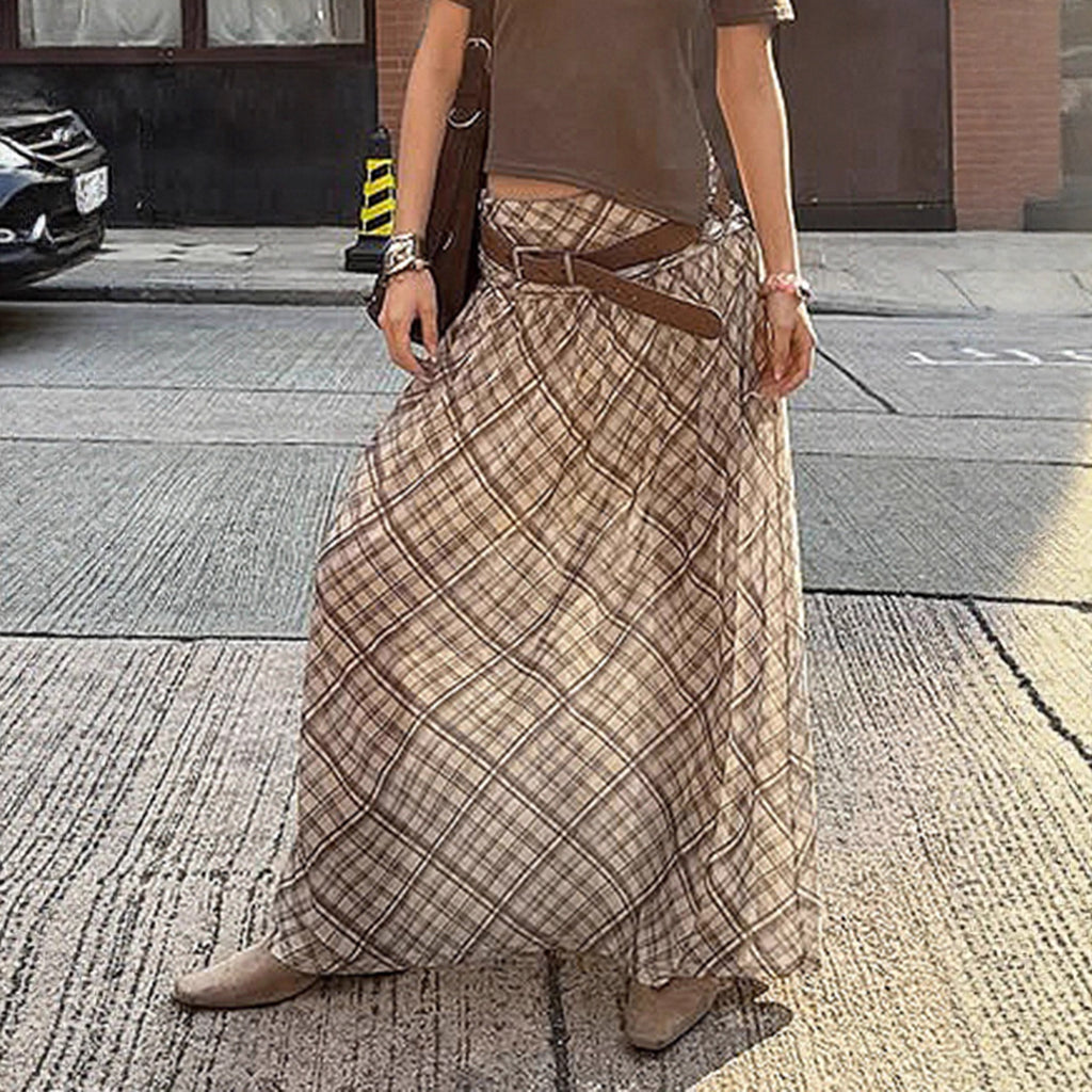Retro mesh plaid skirt with large skirt and half length skirt