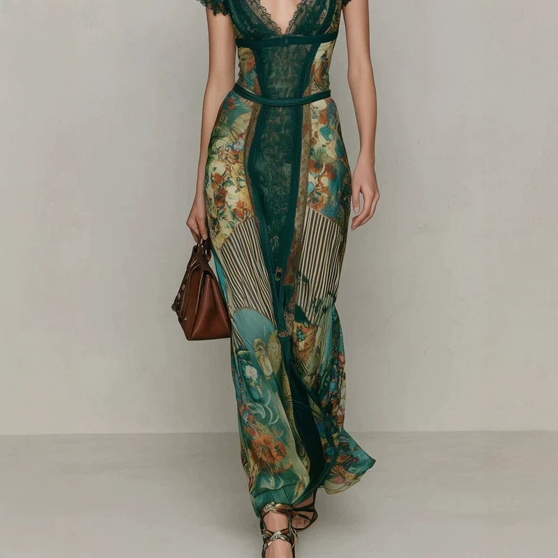 Vintage Emerald Green Lace V-Neck Short Sleeve Patchwork Oil Painting Print Fitted Flared Vacation Fish Tail Long Dress