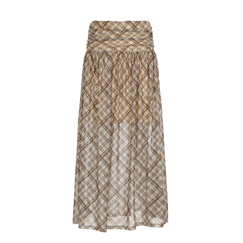 Retro mesh plaid skirt with large skirt and half length skirt