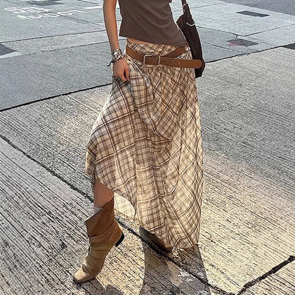 Retro mesh plaid skirt with large skirt and half length skirt