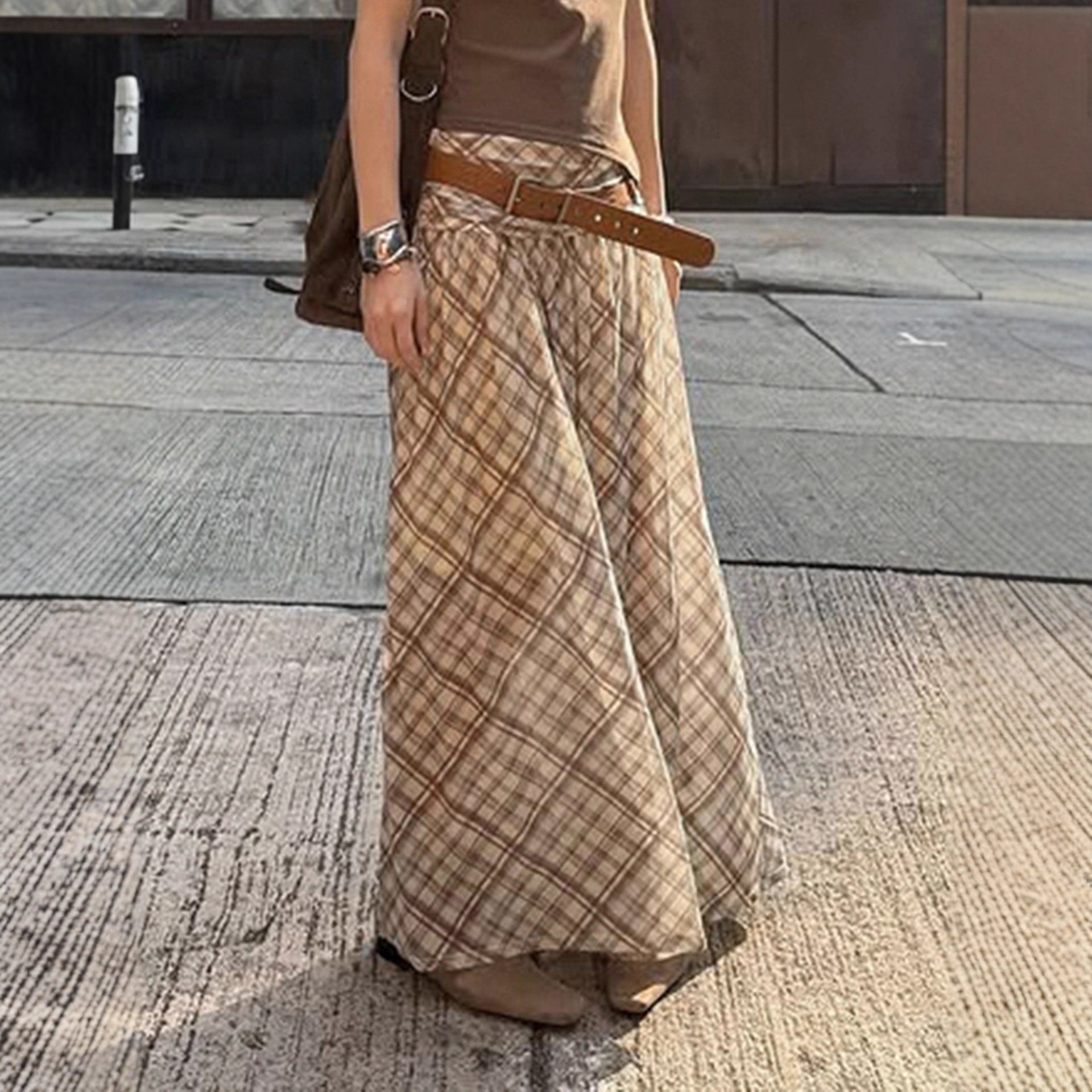 Retro mesh plaid skirt with large skirt and half length skirt