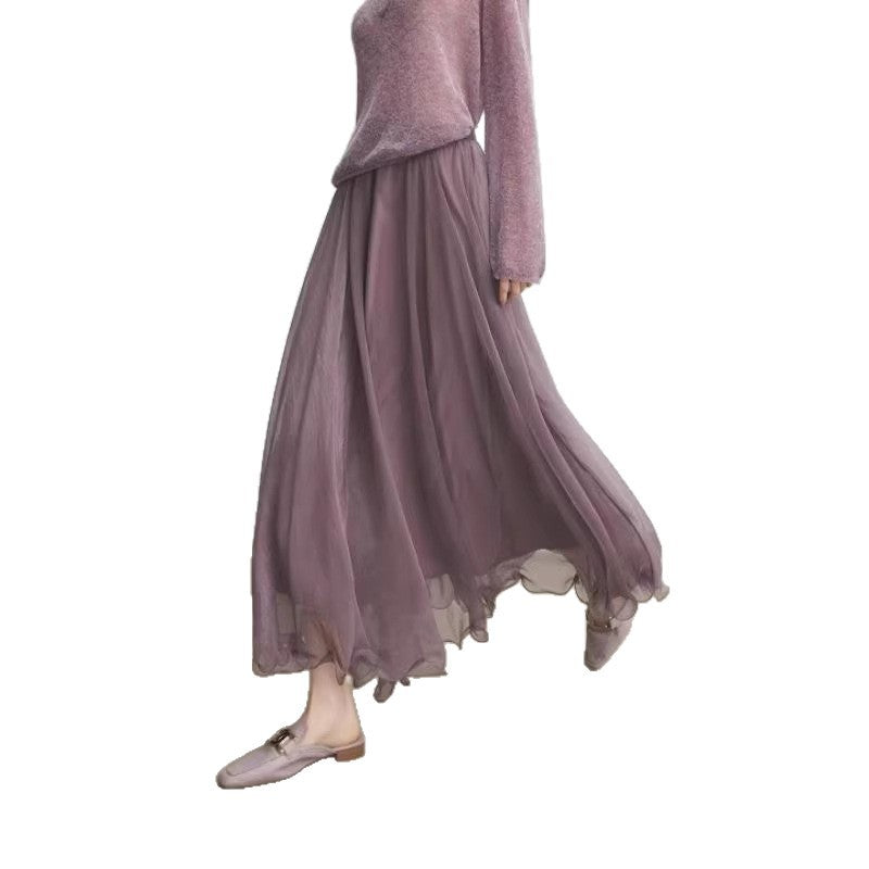 Shimmer Purple Mesh Skirt Women Early Long Skirt Half Skirt