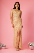 Gold Cape Sleeve Fully Beaded Formal Dress