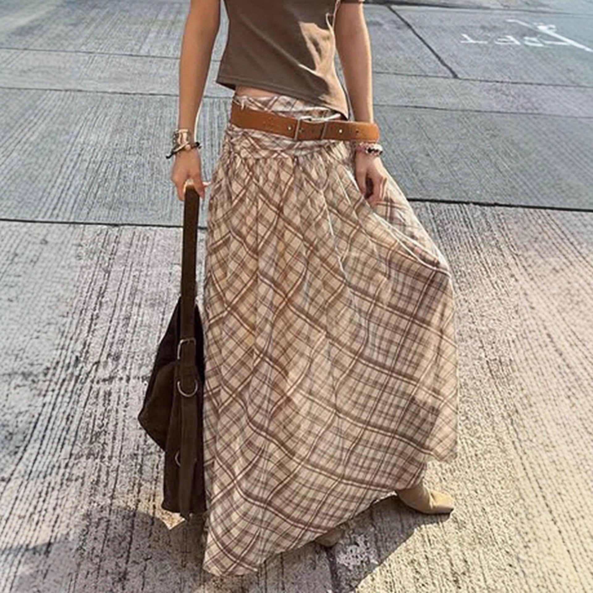 Retro mesh plaid skirt with large skirt and half length skirt