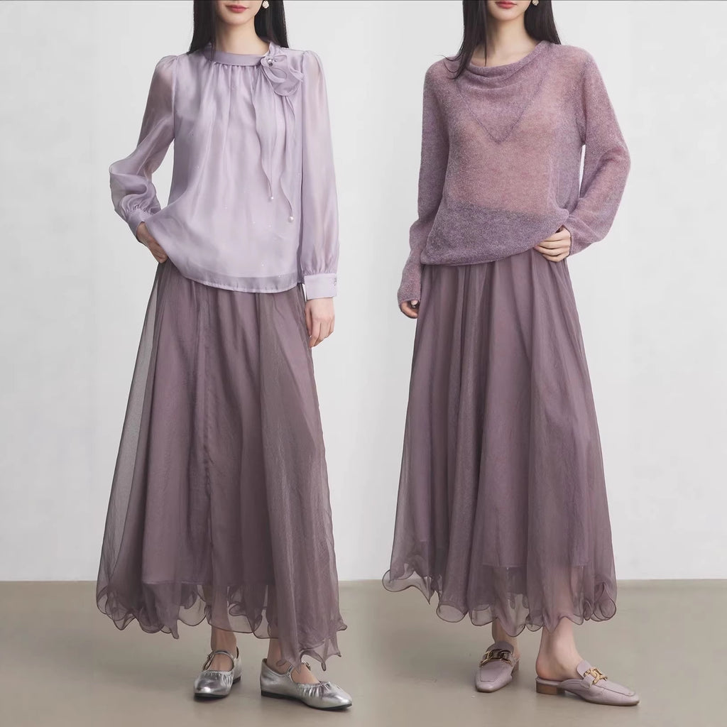 Shimmer Purple Mesh Skirt Women Early Long Skirt Half Skirt