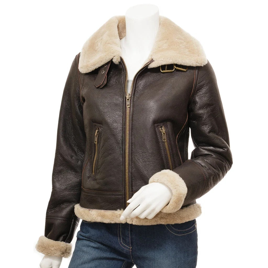 WOMEN BROWN SHEEPSKIN AVIATOR JACKET ENNIS