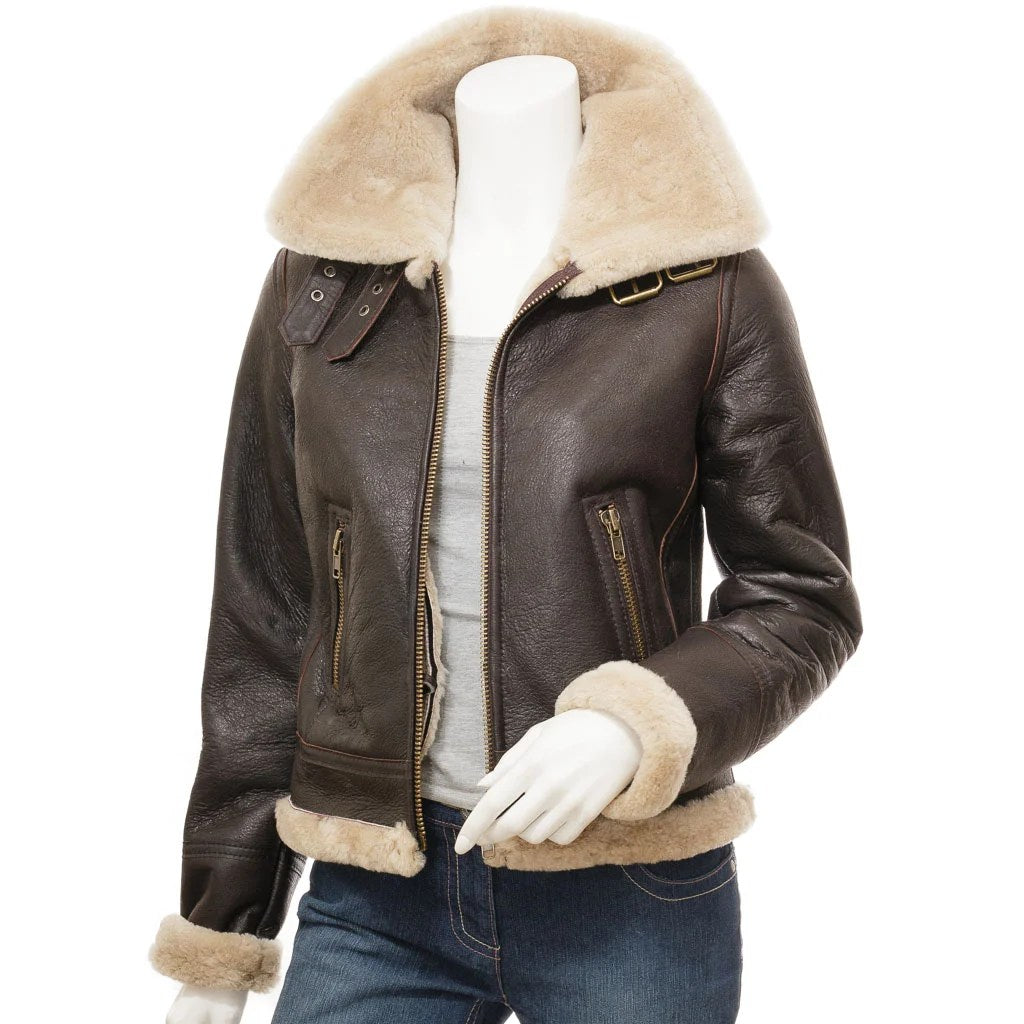 WOMEN BROWN SHEEPSKIN AVIATOR JACKET ENNIS