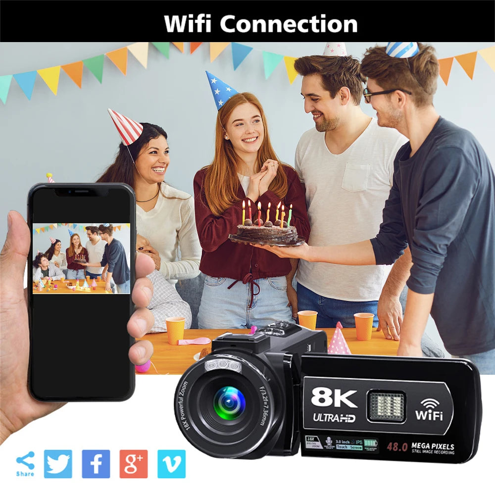 8K Video Camera 48MP Digital Video Camera 18X igital Zoom Camera Recorder 3 Inch LCD Touch Screen Portable Recording Camcorder