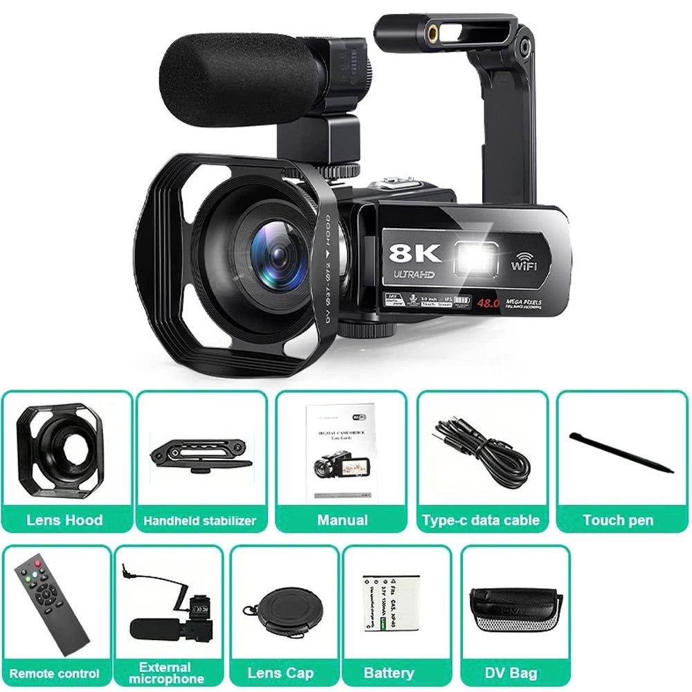 8K Video Camera 48MP Digital Video Camera 18X igital Zoom Camera Recorder 3 Inch LCD Touch Screen Portable Recording Camcorder
