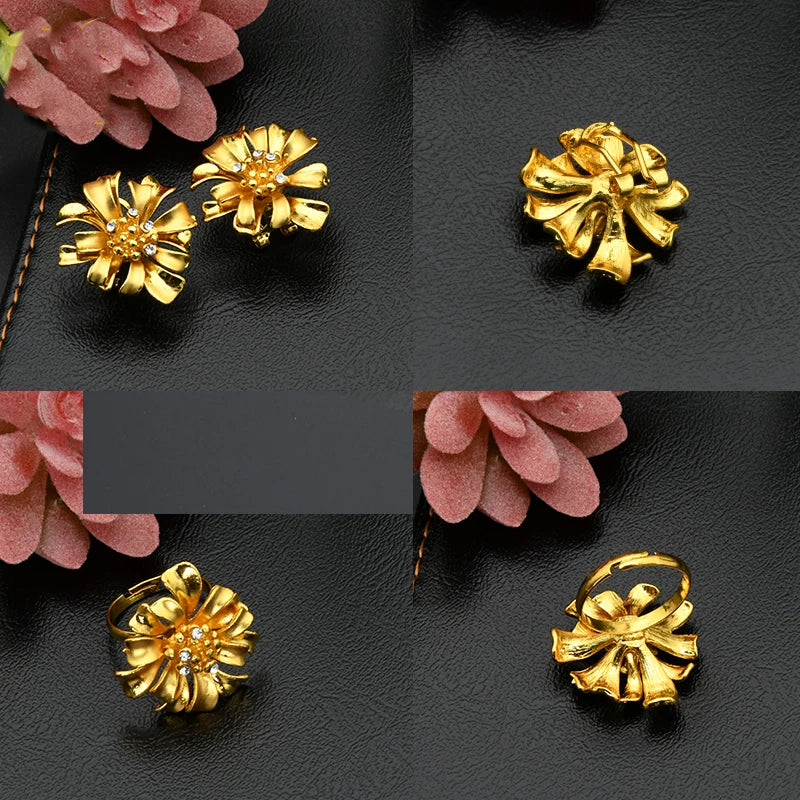 Arab Jewelry Set For Women African Flower Necklace Bracelets Earing Ring Nigerian Dubai Gold Color Jewellery Set Party Gifts
