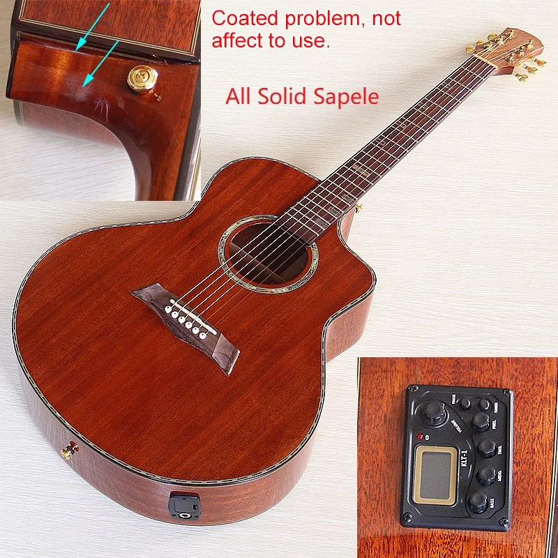 All Solid Wood Acoustic Guitar 40 Inch 6 String Solid Sapele Body/ Solid Spruce High Glossy Folk Guitar with EQ