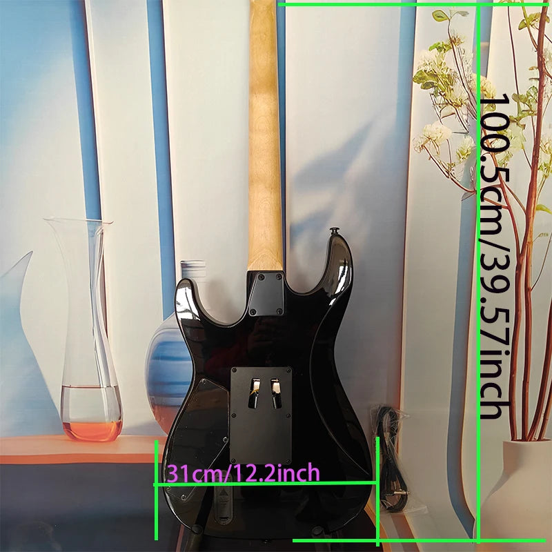 A high-quality acoustic electric guitar with solid wood body, body decals, rock style, right-hand playing and stainless steel fr