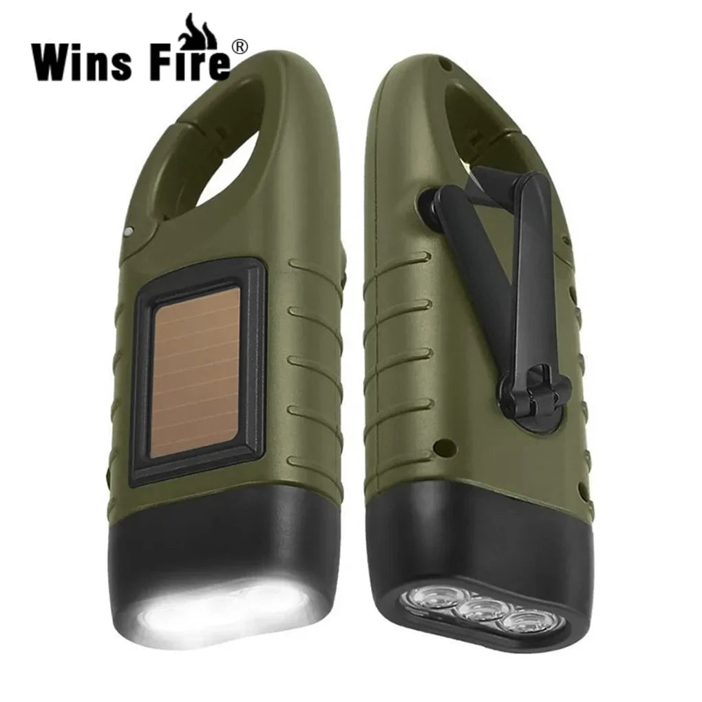 LED Flashlight Hand Crank Solar Powered Rechargeable Survival Gear Self Powered Charging Torch Dynamo for Fishing Boating Hiking