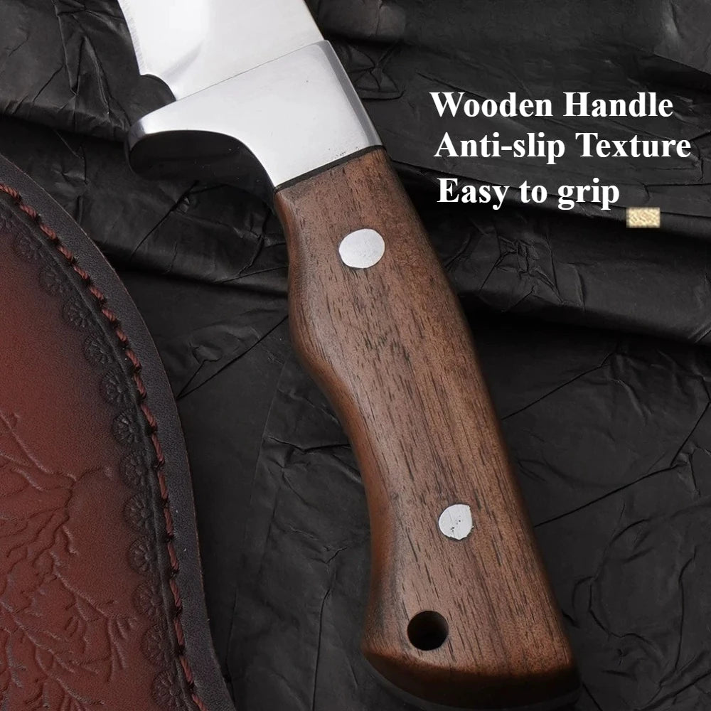 Professional kitchen knife with high hardness, sharp and bone-cutting edge. Comes with a wooden handle and stainless steel blade