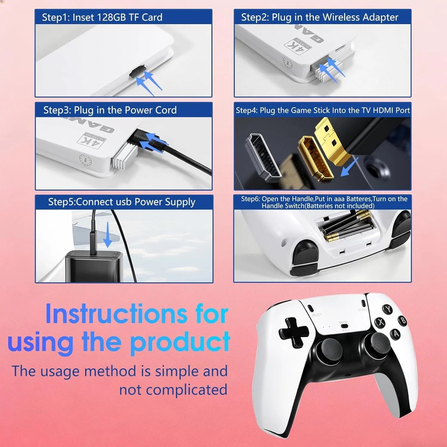 Retro Gaming Console Enjoy a Classic Gaming Experience Plug&Play Retro Game Tv Console Stick 4K Dual 2.4G Wireless Controllers