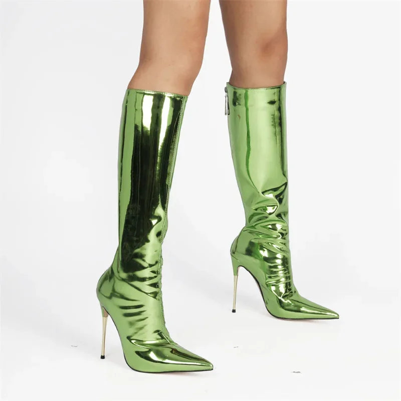 2024 Women Shoes New Winter Knee High Boots 15 Colors Pointed Toe Thin Heel Silver Short Plush Fashion Patent Leather Boots