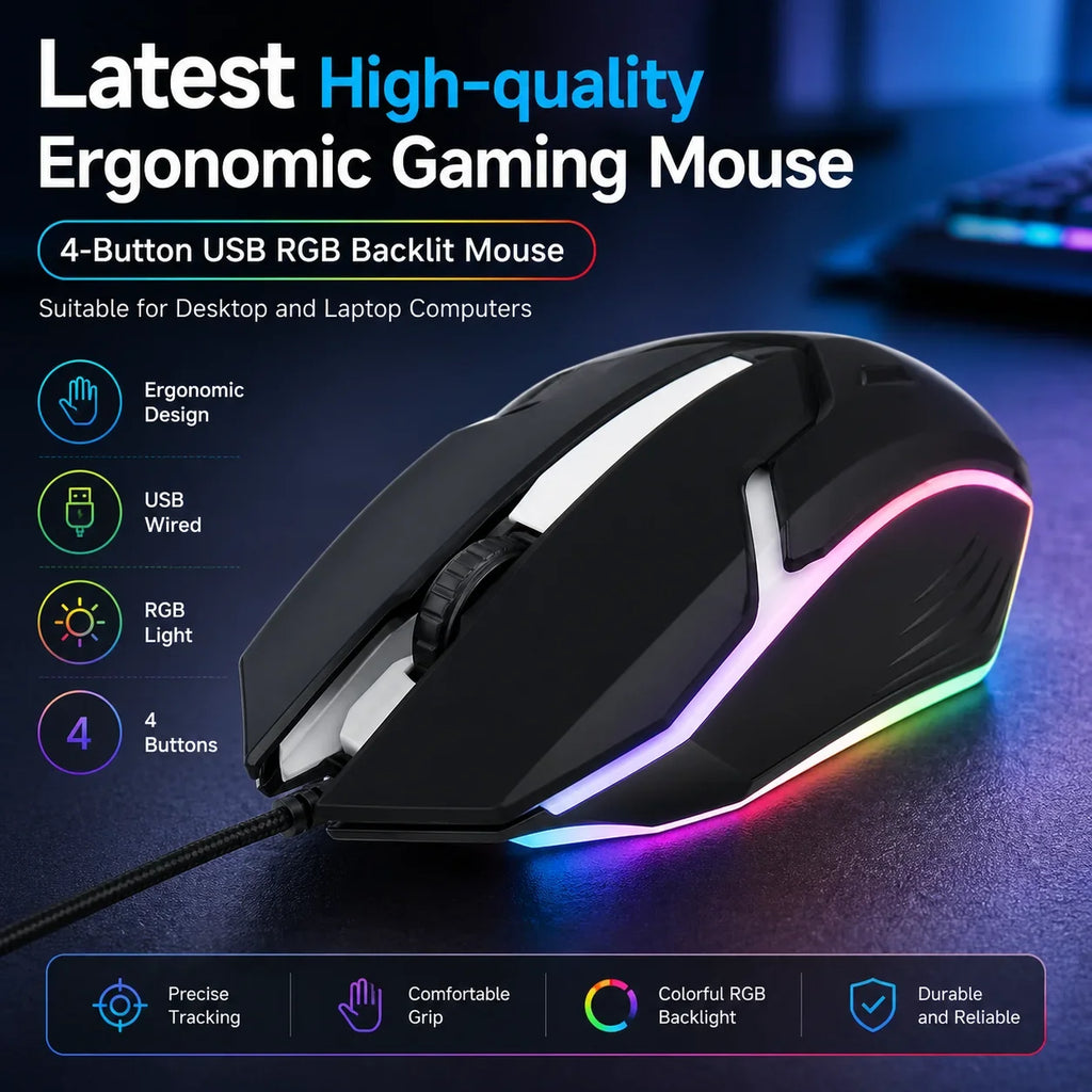 Latest High-quality Ergonomic Gaming Mouse, Suitable for Desktop and Laptop Computers, 4-button USB RGB Backlit Mouse