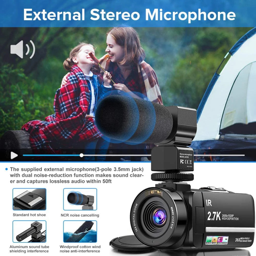 2.7K Camcorder Video Camera 36MP with LED Fill Light,16X Digital Zoom Camera Recorder 3.0" IPS Touch Screen Vlogging Camera Kit
