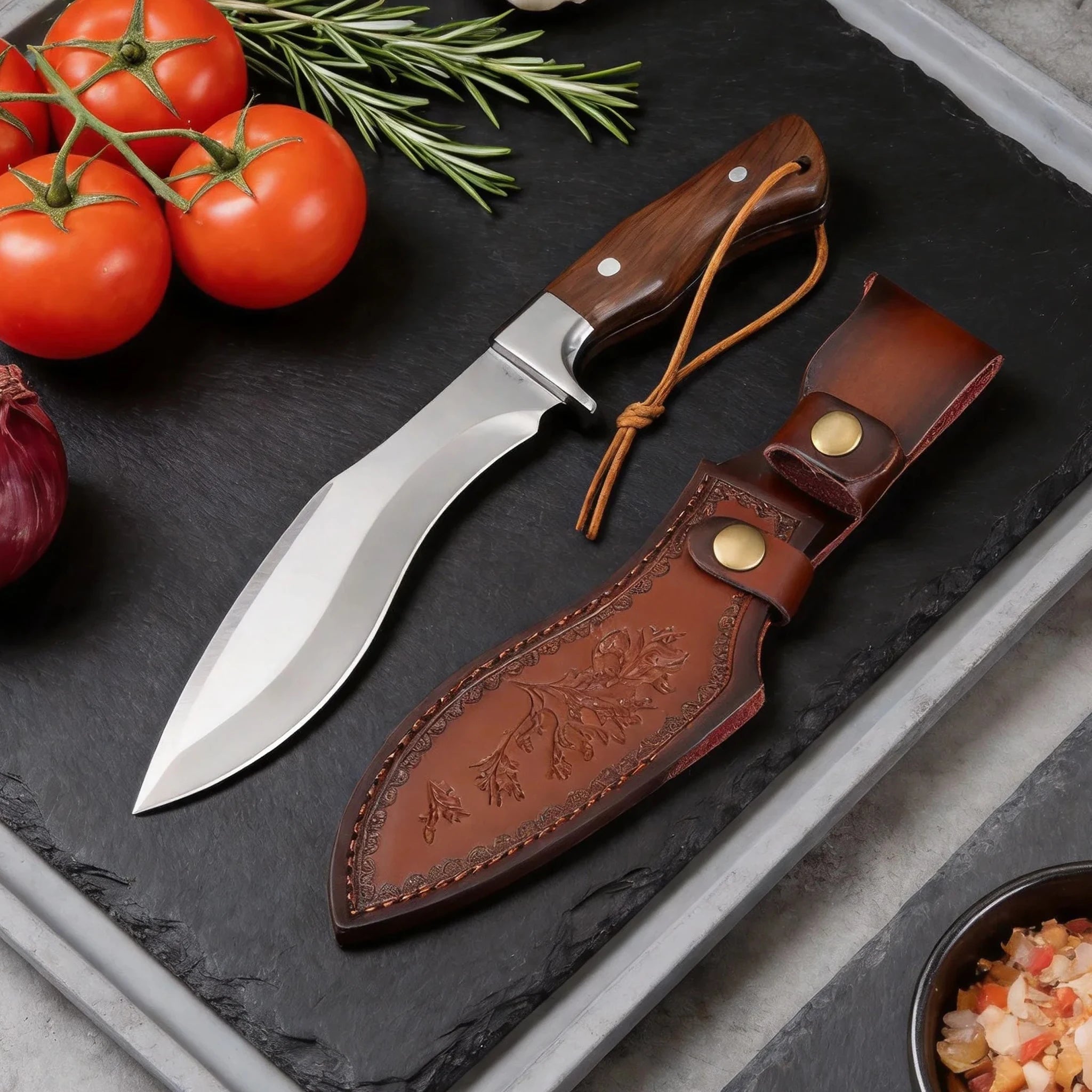 Professional kitchen knife with high hardness, sharp and bone-cutting edge. Comes with a wooden handle and stainless steel blade