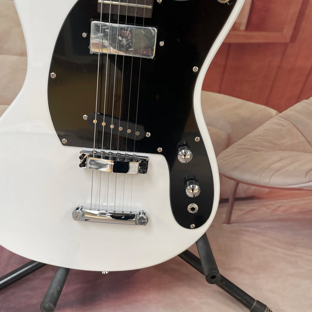 6-string electric guitar with a  white body and black pickguard, rosewood fretboard guitars—retro-style lightweight  guitarra