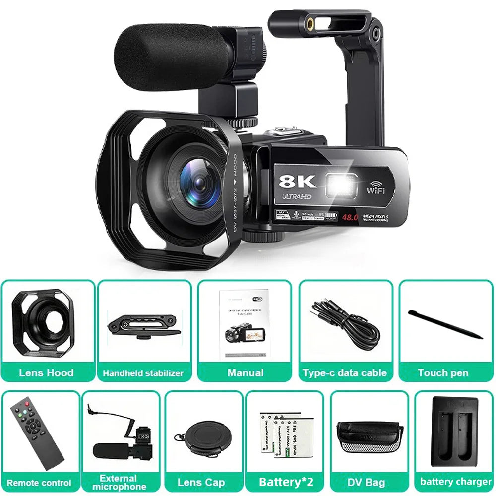 8K Video Camera 48MP Digital Video Camera 18X igital Zoom Camera Recorder 3 Inch LCD Touch Screen Portable Recording Camcorder