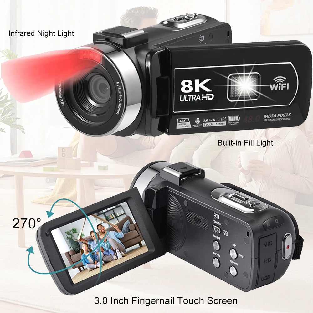8K Video Camera 48MP Digital Video Camera 18X igital Zoom Camera Recorder 3 Inch LCD Touch Screen Portable Recording Camcorder