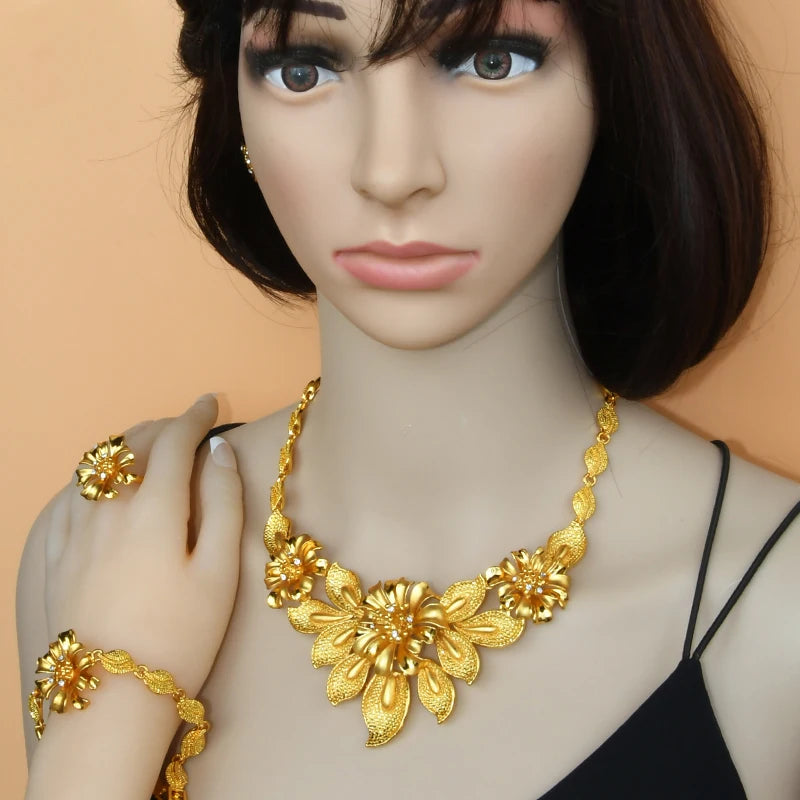 Arab Jewelry Set For Women African Flower Necklace Bracelets Earing Ring Nigerian Dubai Gold Color Jewellery Set Party Gifts