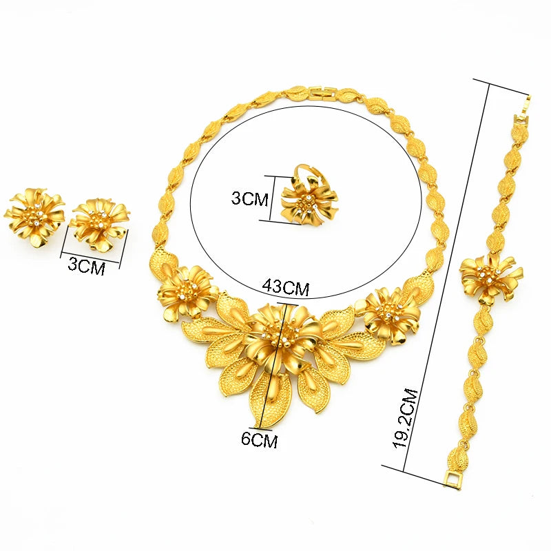 Arab Jewelry Set For Women African Flower Necklace Bracelets Earing Ring Nigerian Dubai Gold Color Jewellery Set Party Gifts