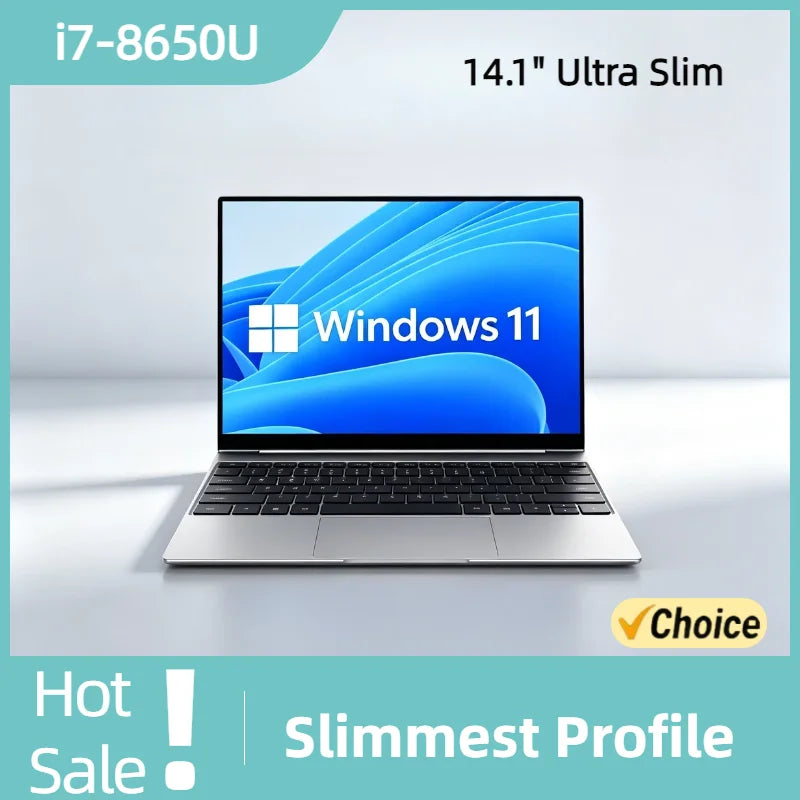 14.1 Inch Ultra Slim Laptop 32GB RAM 2TB SSD Windows 11 Intel Core i7 8650U Gaming PC Gamer Office Notebook 1920x1080 HD