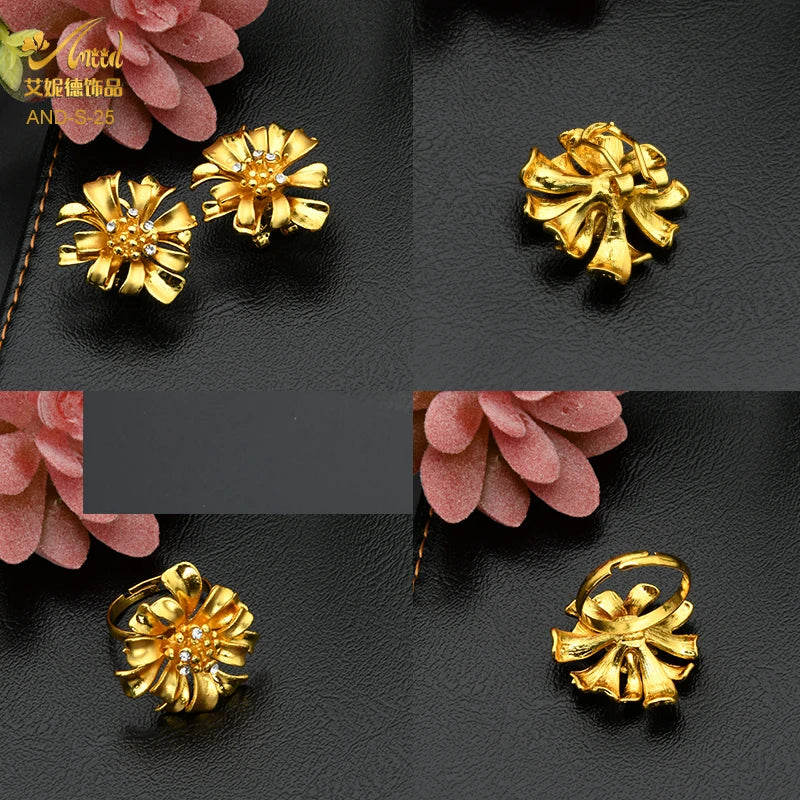 Arab Jewelry Set For Women African Flower Necklace Bracelets Earing Ring Nigerian Dubai Gold Color Jewellery Set Party Gifts