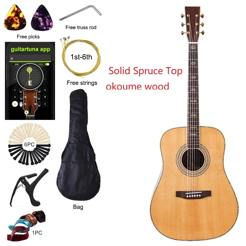 All Solid Wood Acoustic Guitar 40 Inch 6 String Solid Sapele Body/ Solid Spruce High Glossy Folk Guitar with EQ