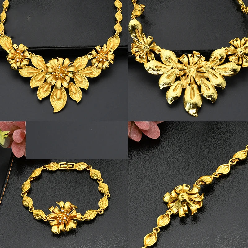 Arab Jewelry Set For Women African Flower Necklace Bracelets Earing Ring Nigerian Dubai Gold Color Jewellery Set Party Gifts