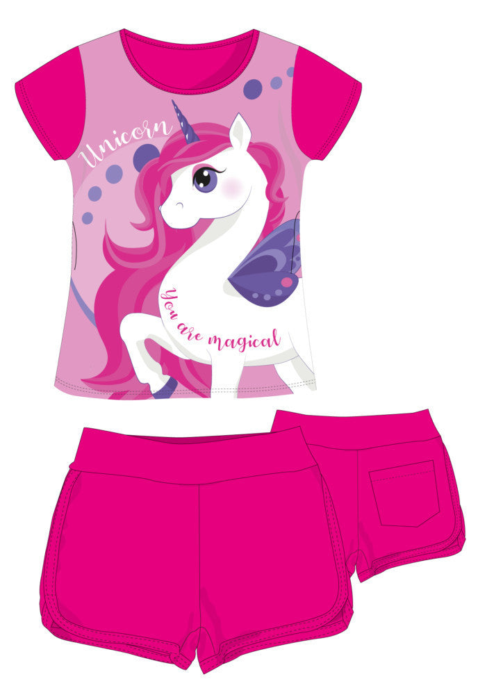 Unicorn cotton summer ensemble - t-shirt and shorts set - pink - 122