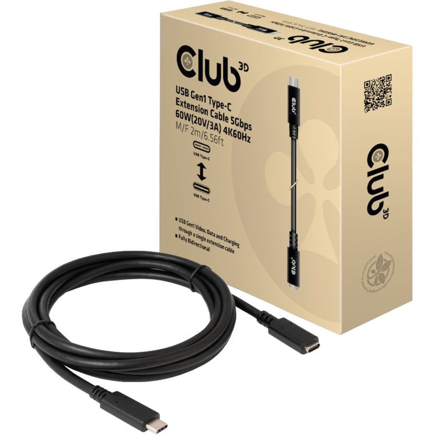 Club 3D USB-C Gen 1 Extension Cable (Black, 2 Meter, 5 Gbps, 60 Watt)